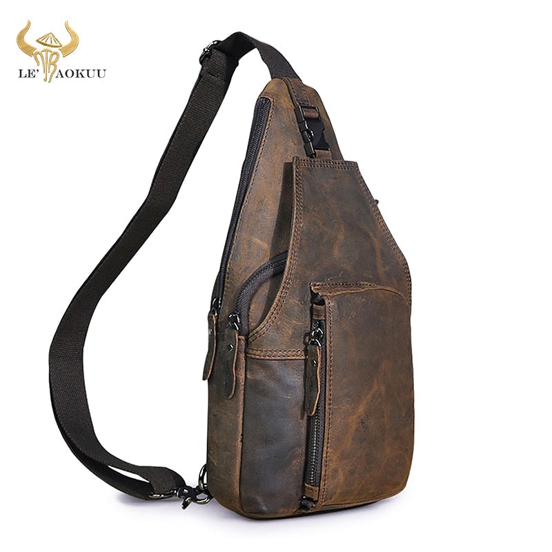 Men Crazy Horse Leather Casual Travel Chest Sling Bag Design Vintage One Shoulder Bag Cross-body Bag Day-pack For Male 8086