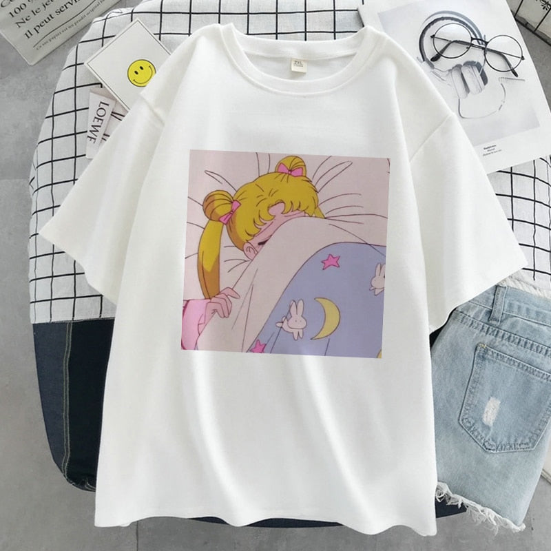 Sailor Moon Kawaii Graphic Print T-shirt Women Sailor Moon White Top Streetwear