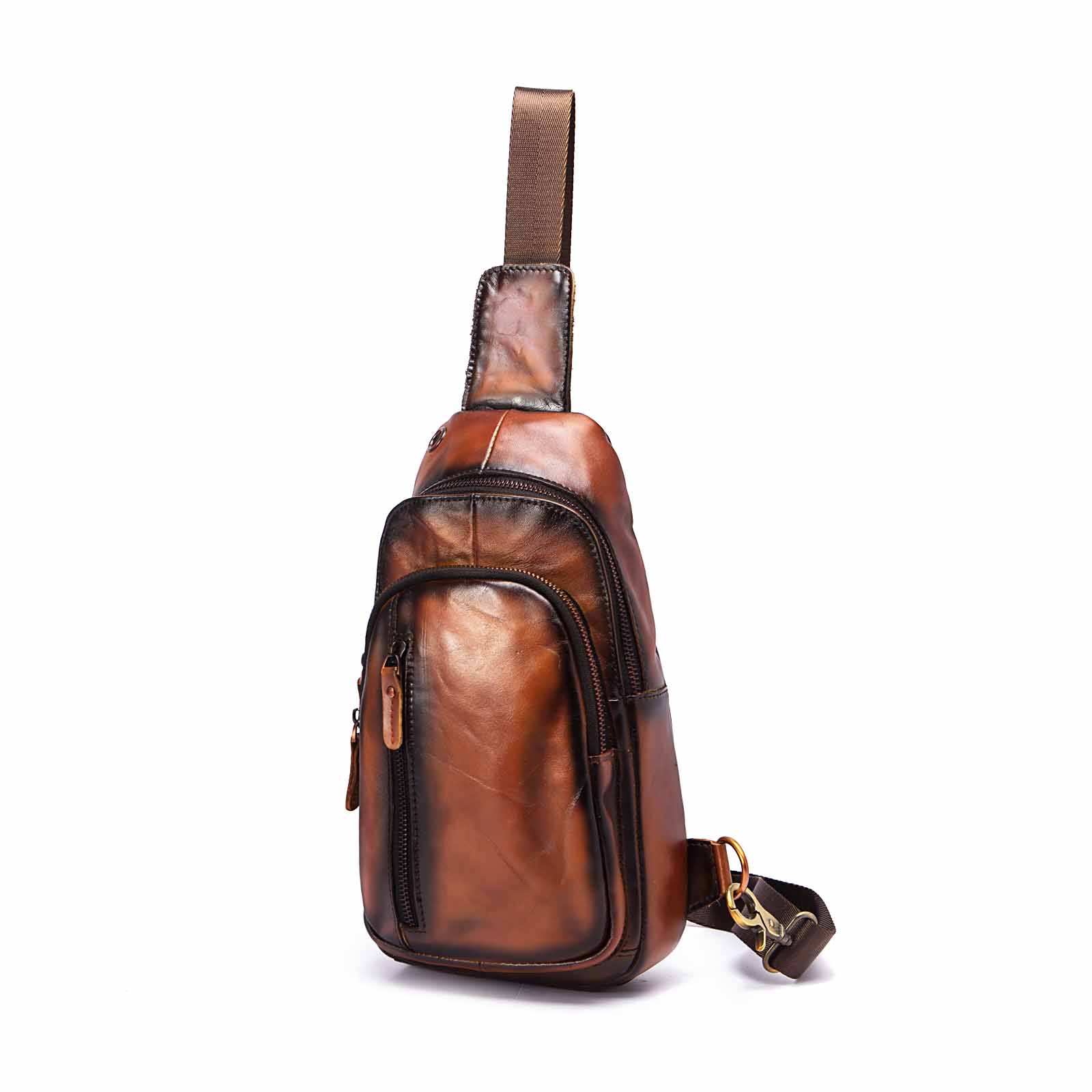 Real Genuine Leather Design Triangle Sling Chest Bag For Men Male Travel One Shoulder Strap Bag 8" Tablet Umbrella Daypack 8005