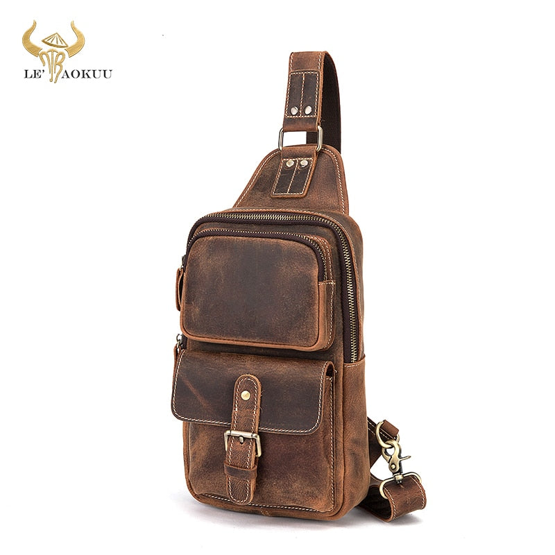 Hot Sale Men Crazy Horse Leather Vintage Triangle Chest Sling Bag 8" Tablet Design One Shoulder Bag Cross body Bag Male 1315