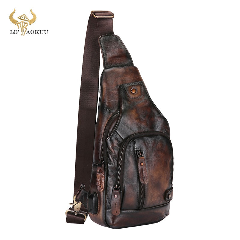 New Hot Sale Real Top Quality Leather Retro Sling Chest Bag 8" Tablet Design One Shoulder Strap Cross-body Bag For Men Male 8066