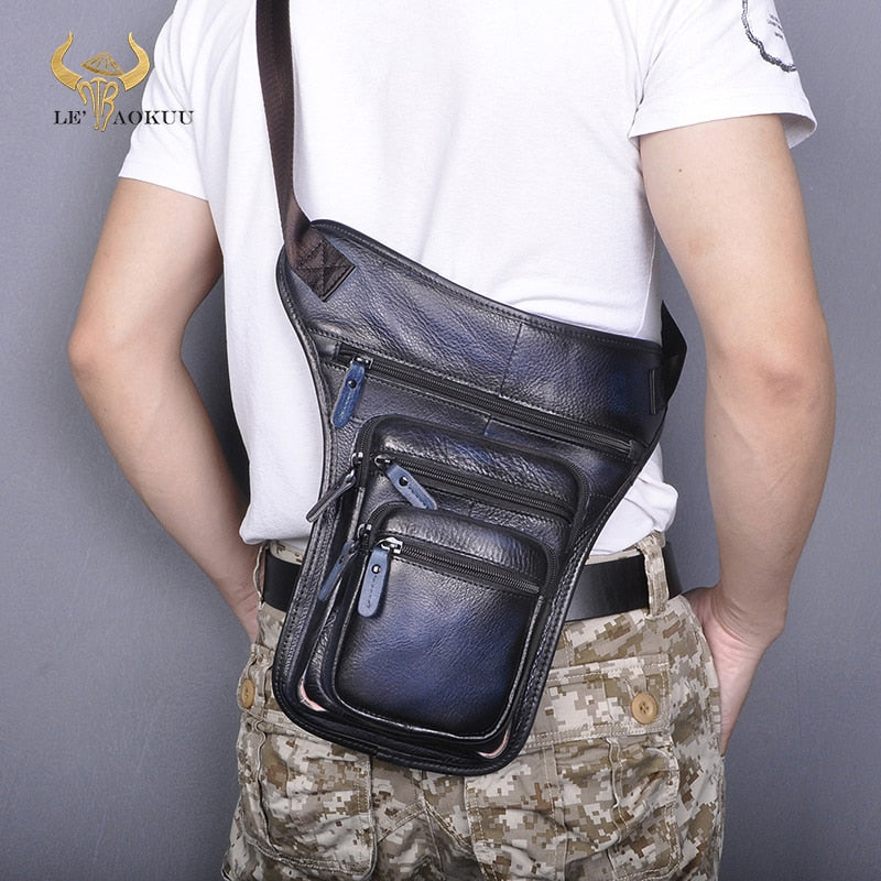 Hot Sale Original Leather Design Men Blue Messenger Mochila Bag Fashion Organizer Fanny Waist Belt Pack Drop Leg Bag Male 3111