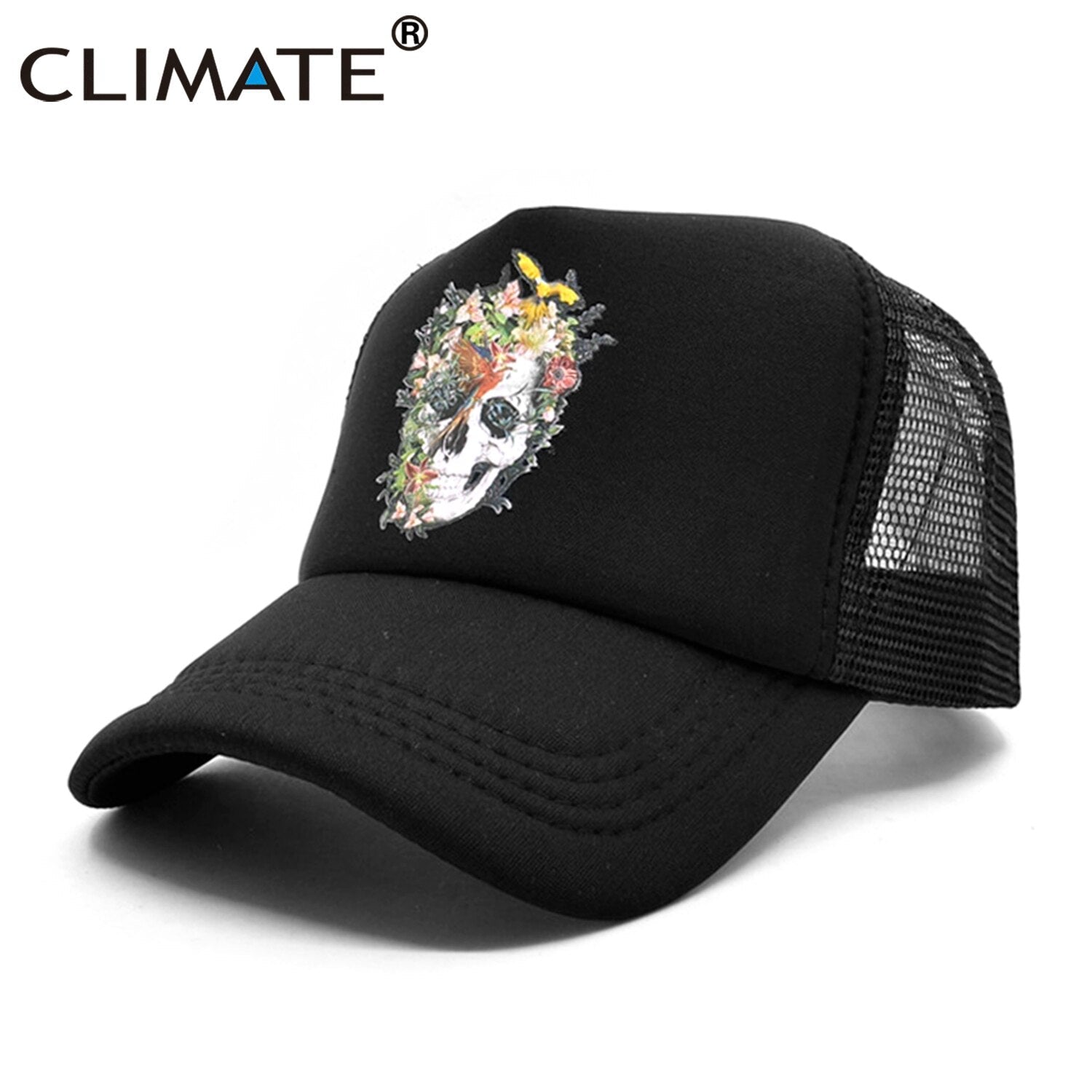 CLIMATE Flower Skeleton Trucker Cap Cool Men Skull Bone Flower Cap HipHop Caps Summer Bloodcurdling Black Mesh Cap Hat for Men