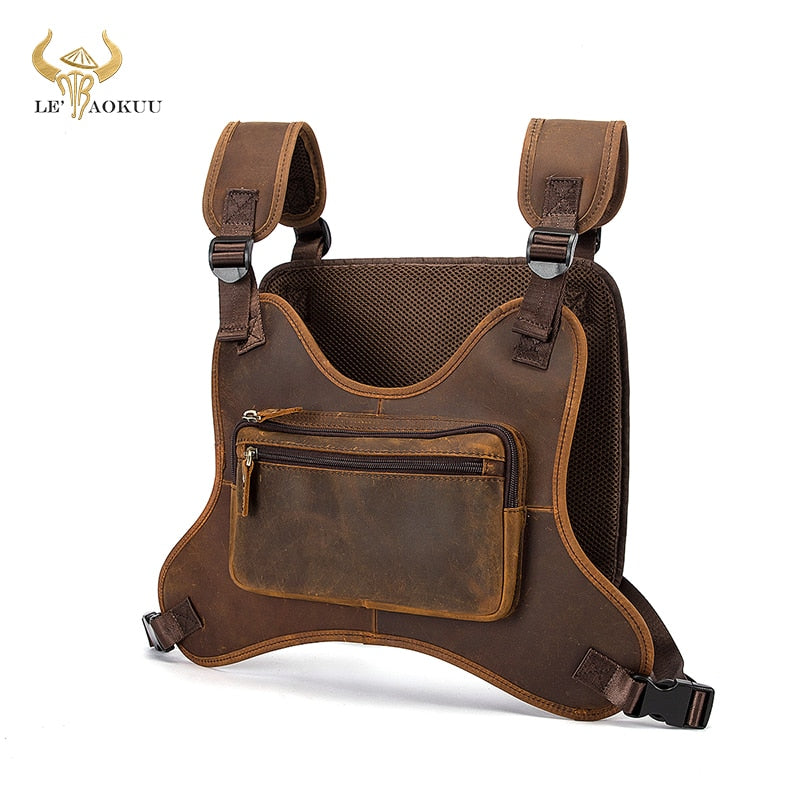 Crazy Horse Leather Retro Streetwear Men's Designer Hip-Hop Two Straps Chest Rig Bag Fashion Rectangle Chest Utility Pack 291