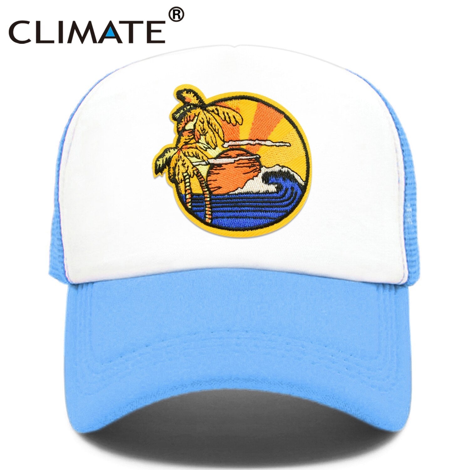 CLIMATE Seaside View Trucker Cap Hat Sandbeach Sight Vacation Cap Coconut Holiday Mesh Cap Surfing Sunrise Sea Wave Cool Hat Cap