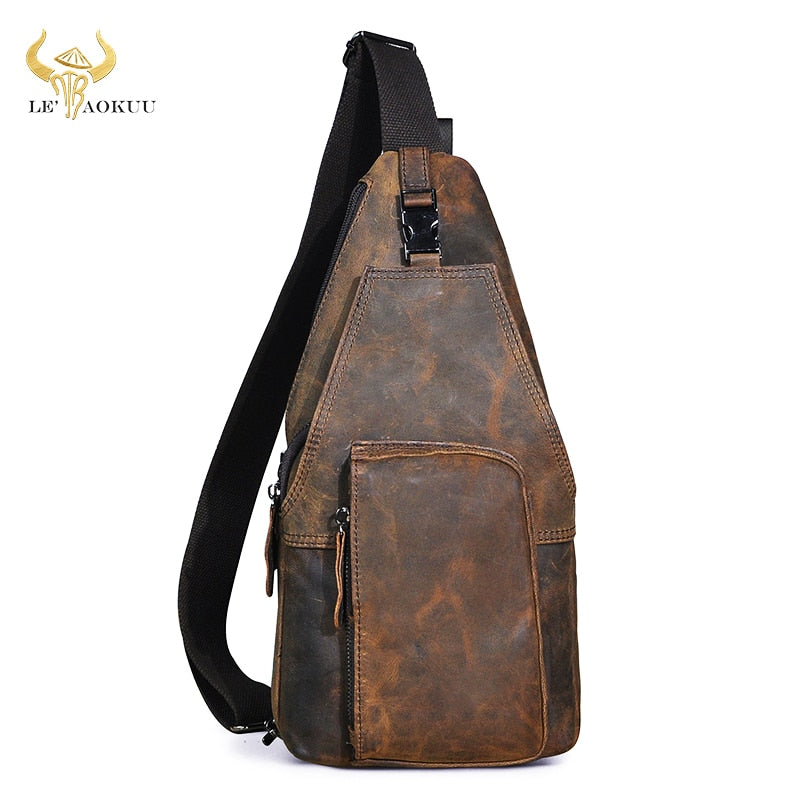 Men Crazy Horse Leather Casual Travel Chest Sling Bag Design Vintage One Shoulder Bag Cross-body Bag Day-pack For Male 8086