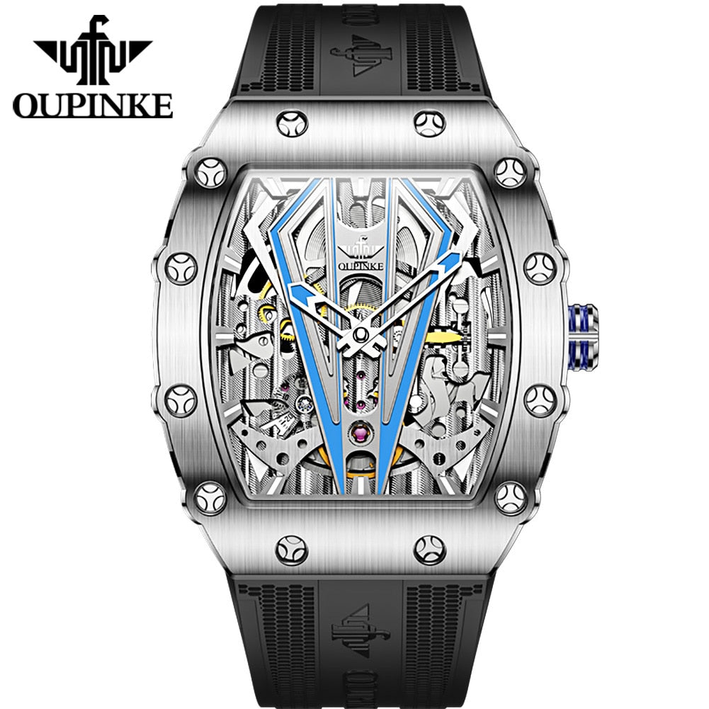 OUPINKE 2021 New Mens Automatic Mechanical skeleton Black watch Silicone Strap with Synthetic Sapphire Crystal Wristwatch