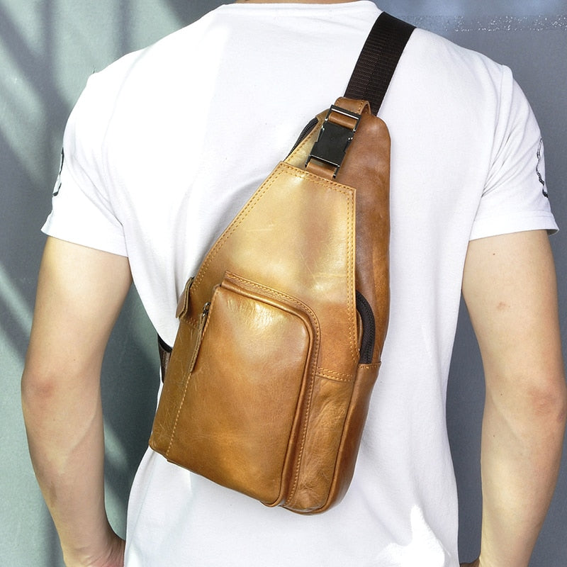 Men Crazy Horse Leather Casual Travel Chest Sling Bag Design Vintage One Shoulder Bag Cross-body Bag Day-pack For Male 8086