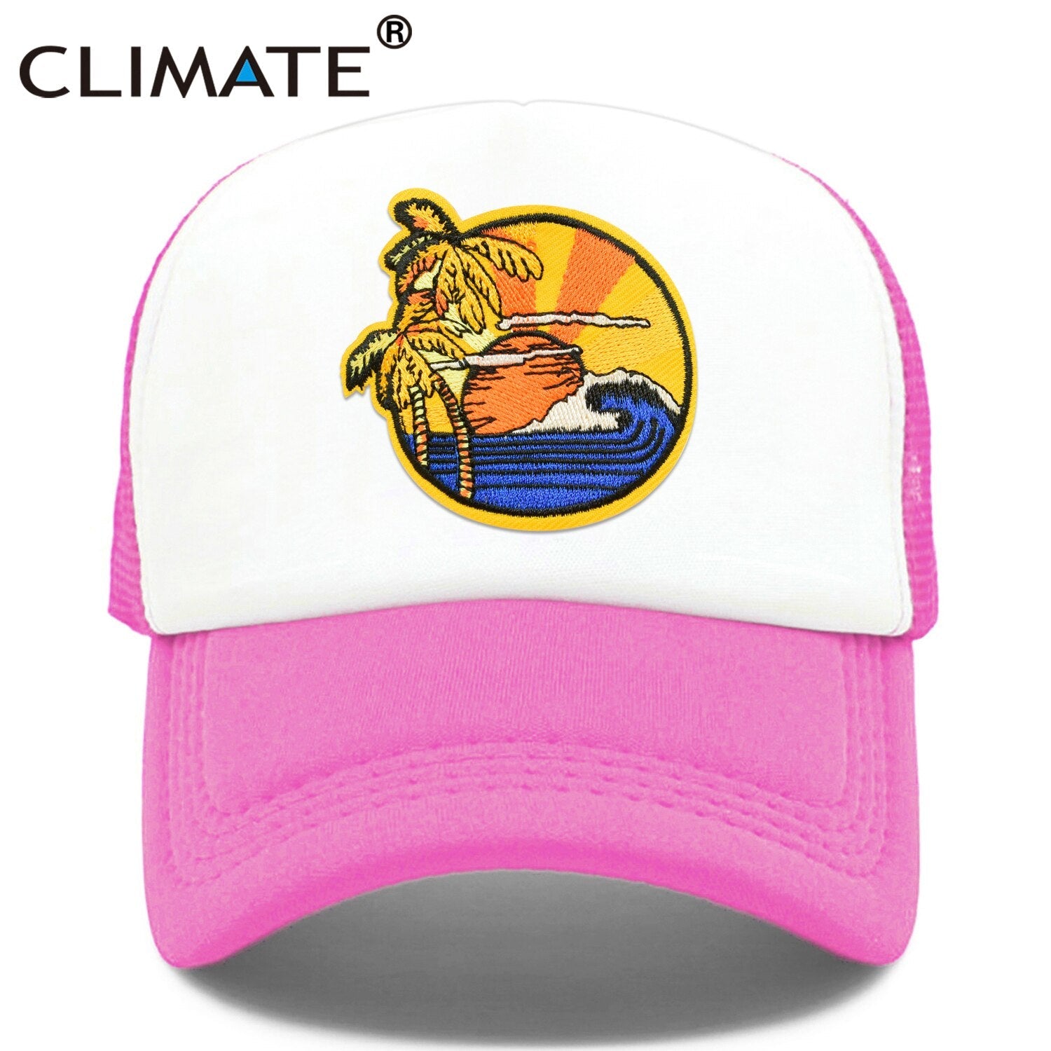 CLIMATE Seaside View Trucker Cap Hat Sandbeach Sight Vacation Cap Coconut Holiday Mesh Cap Surfing Sunrise Sea Wave Cool Hat Cap