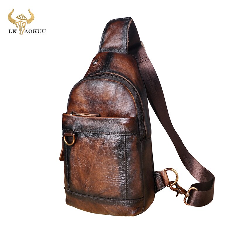 2020 Trend Men Genuine CowLeather Fashion Travel Triangle Chest Sling Bag Design One Shoulder Cross-body Bag Day-pack Male 8016