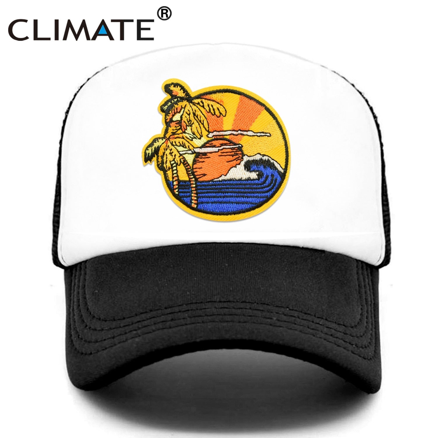 CLIMATE Seaside View Trucker Cap Hat Sandbeach Sight Vacation Cap Coconut Holiday Mesh Cap Surfing Sunrise Sea Wave Cool Hat Cap