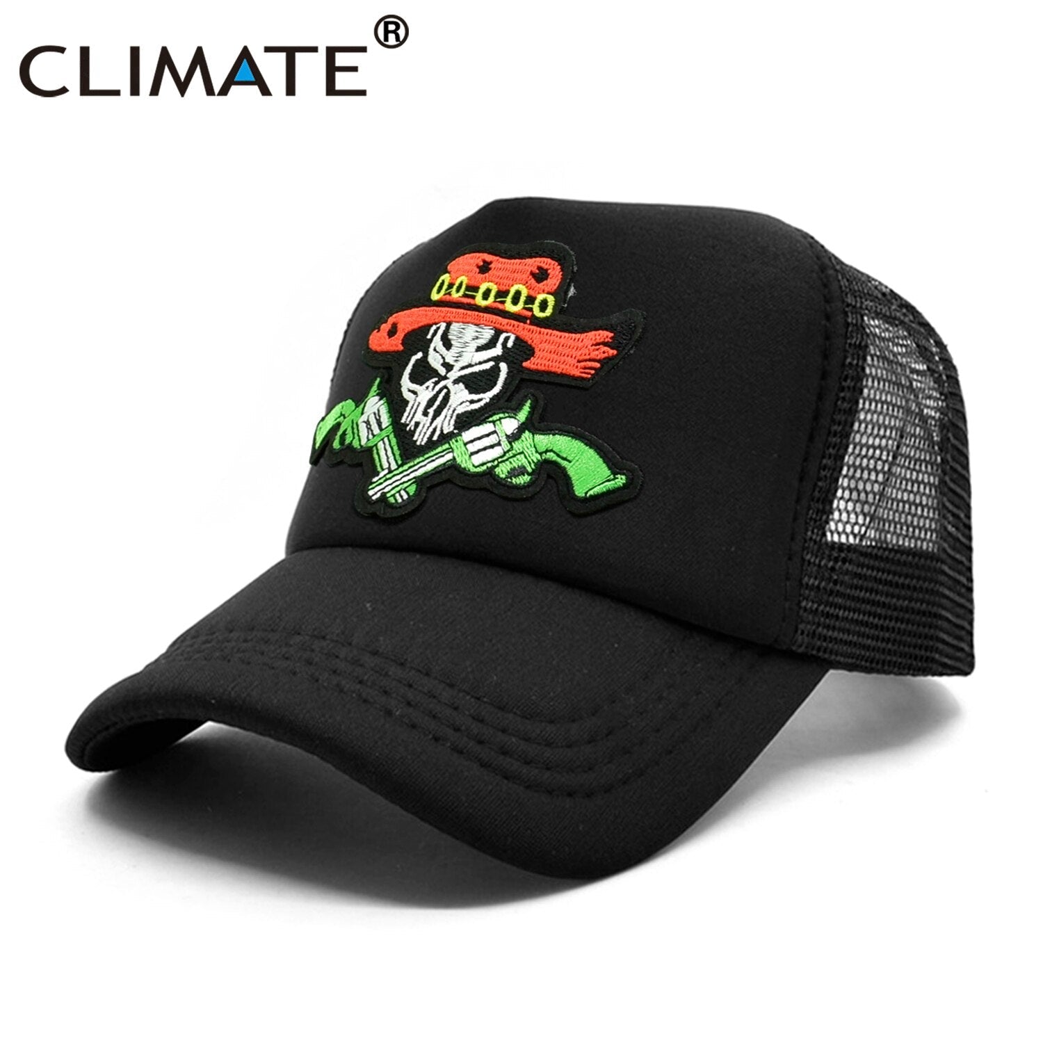 CLIMATE  West Cowboy Men Trucker Cap Cool Skeleton Pistol Gun Skull Cap Summer Black Baseball Caps Mesh Cap Hat for Men