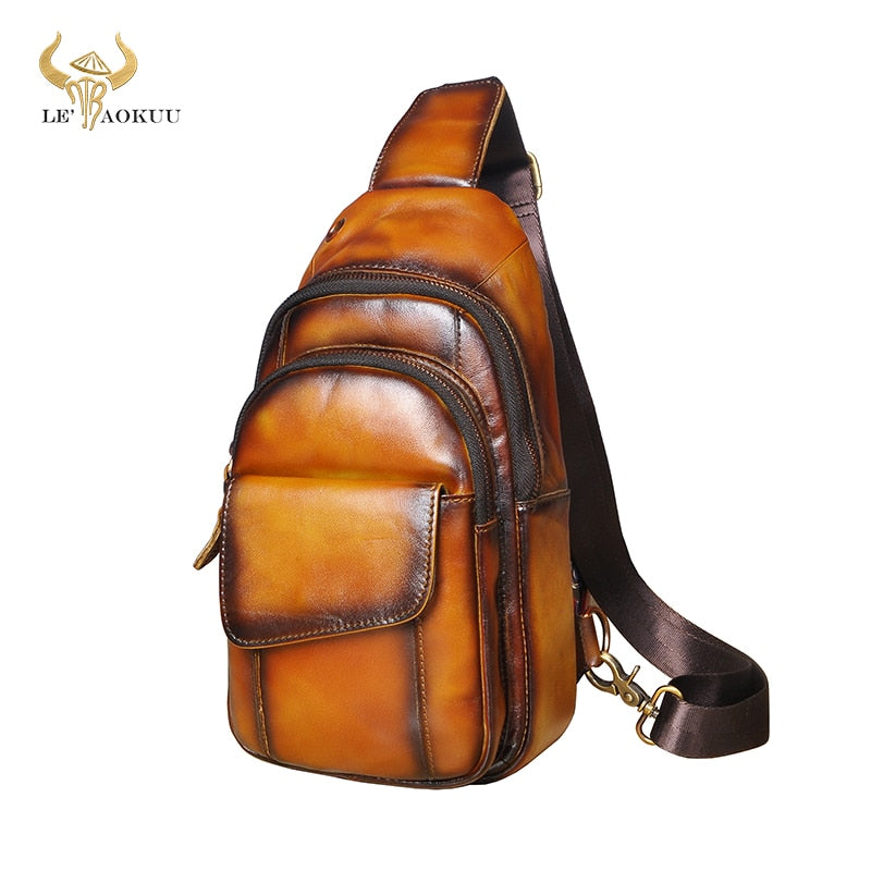 Luxury Quality Leather Fashion Wine Triangle Sling Chest Bag 8" Tablet Design Travel One Shoulder Cross body Bag Male 8013