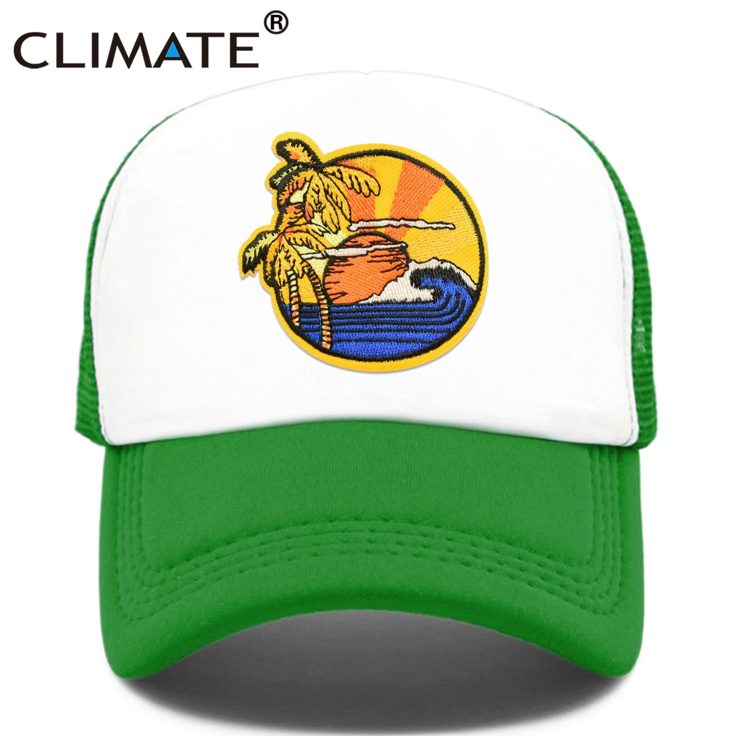 CLIMATE Seaside View Trucker Cap Hat Sandbeach Sight Vacation Cap Coconut Holiday Mesh Cap Surfing Sunrise Sea Wave Cool Hat Cap