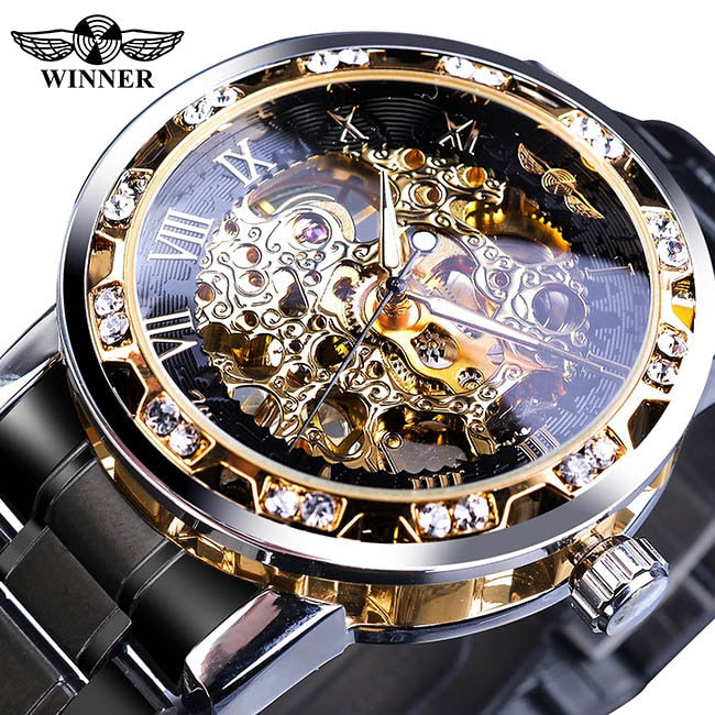 Winner Transparent Diamond Mechanical Watch Blue Stainless Steel Skeleton Watch