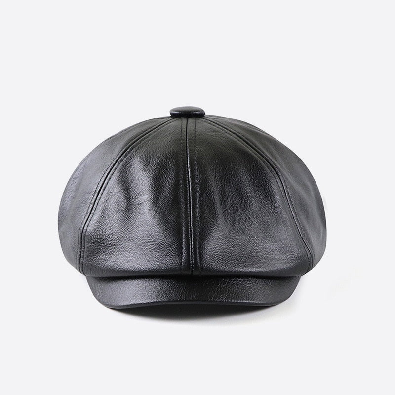 Wuaumx PU Newsboy Caps Men Faux Leather Octagonal Hat Male Retro Middle-aged Duckbill Berets Black Detective Hats Painter Caps