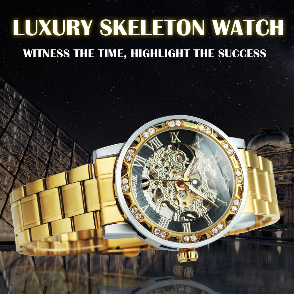 Winner Transparent Fashion Diamond Luminous Royal Design Mens Watches Top Brand Luxury Male Mechanical Skeleton Gold Wrist Watch