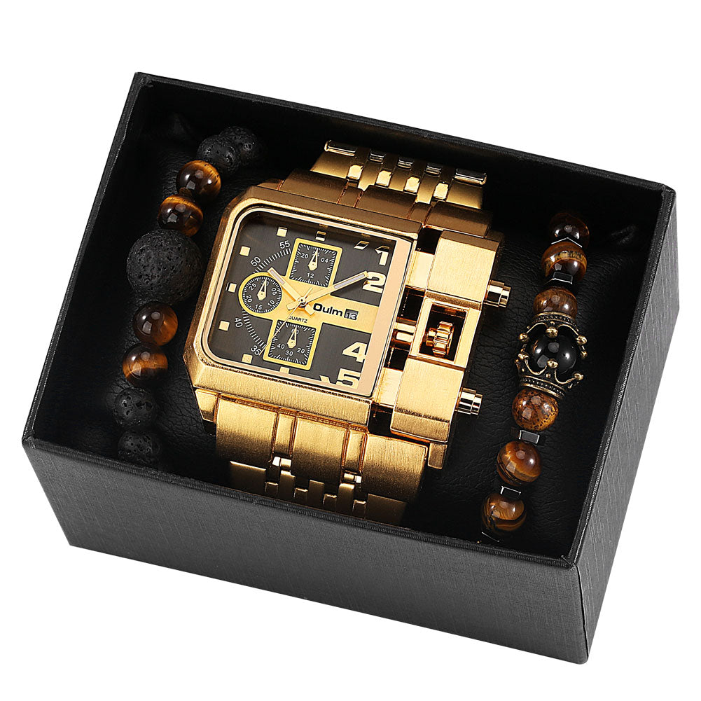 Top Brand Luxury Fashion Men Wristwatch Gold Stainless Steel Sport Square Digital Big Dial Quartz Watches Gift Set Reloj Hombre