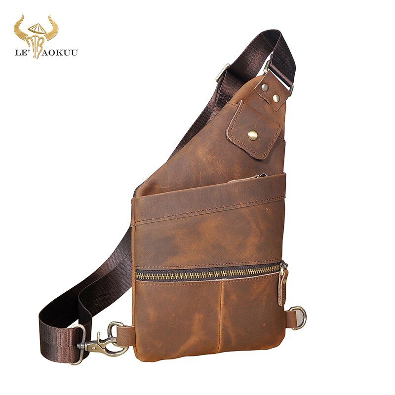 Men Crazy Horse Leather Casual Fashion Triangle Chest Sling Bag 8" Tablet Travel Design One Shoulder Cross body Bag Male 20815