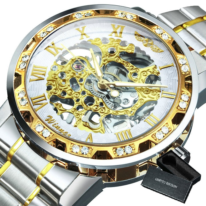 Winner Transparent Fashion Diamond Luminous Royal Design Mens Watches Top Brand Luxury Male Mechanical Skeleton Gold Wrist Watch