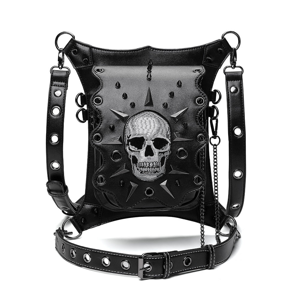 Women Punk Rock Waist Bag Steampunk Rivets Skull Totes Crossbody Shoulder Bag Motorcycle Drop Leg Belt Hip Pouch Pack For Men