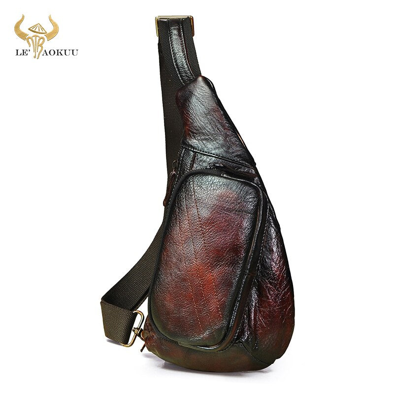 Trend Men Natural Leather Fashion Wine Travel Sling Chest Bag 8" Tablet Umbrella Design One Shoulder Cross-body Bag Male 8810