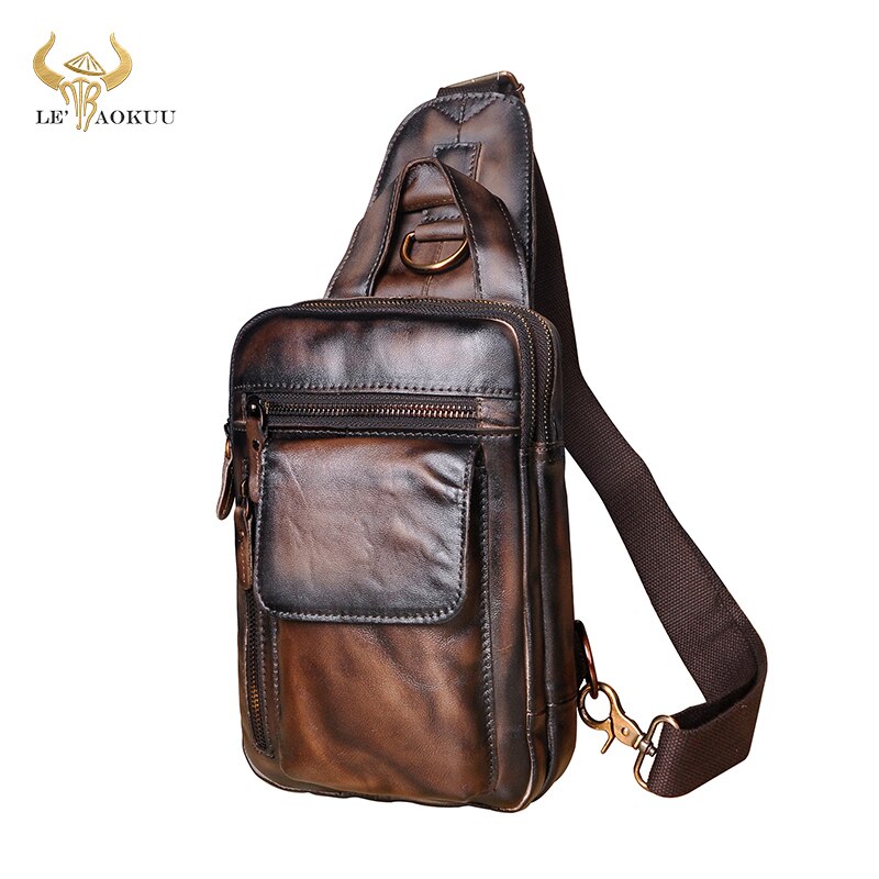 Men Original Leather Fashion Casual Chest Sling Bag Coffee 8" Tablet Tea Design