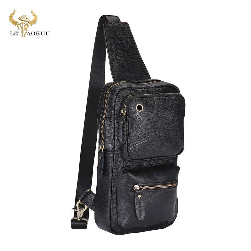 New Hot Sale Genuine Grain Leather Triangle Sling Chest Bag 8" Tablet Design One Shoulder Strap Cross-body Bag For Men Male 8020