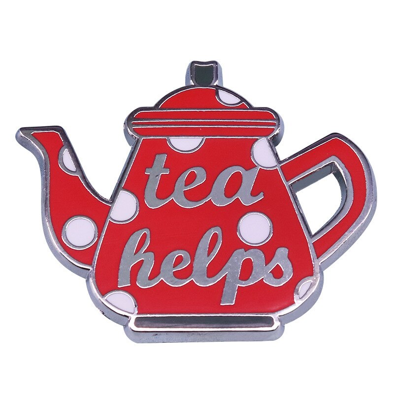 Red teapot brooch tea lover art badge