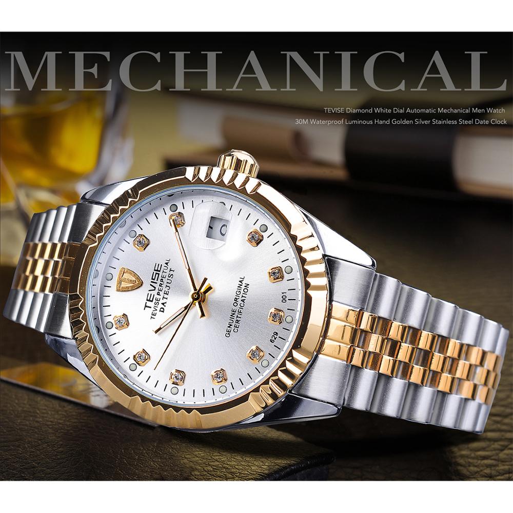 TEVISE Diamond Dial 30M Waterproof White Golden Stainless Steel Luminous Hand Date Clock Male Sports Automatic Mechanical Watch