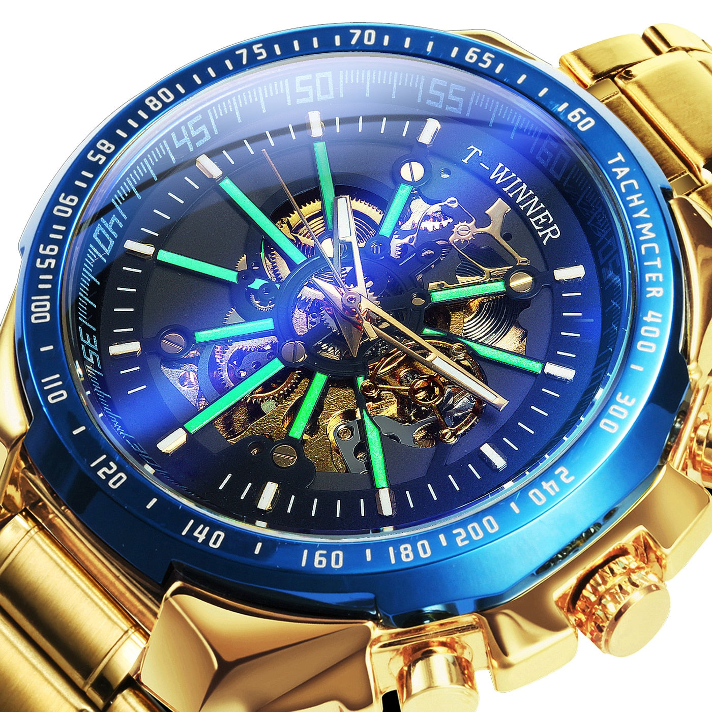 WINNER Official Automatic Mechanical Gold Watch Men Big Case Luxury Fashion Skeleton Luminous Military Business Blue Waterproof