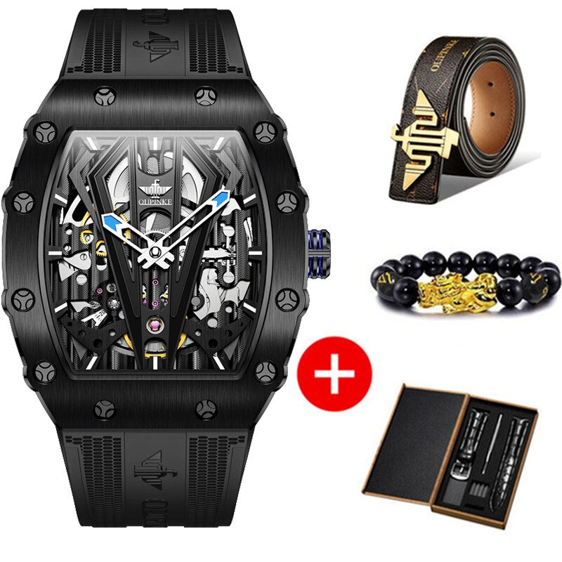 OUPINKE 2021 New Mens Automatic Mechanical skeleton Black watch Silicone Strap with Synthetic Sapphire Crystal Wristwatch