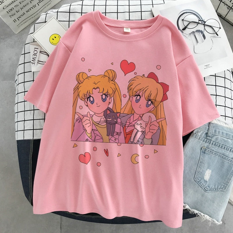 Sailor Moon Kawaii Graphic Print T-shirt Women Sailor Moon White Top Streetwear