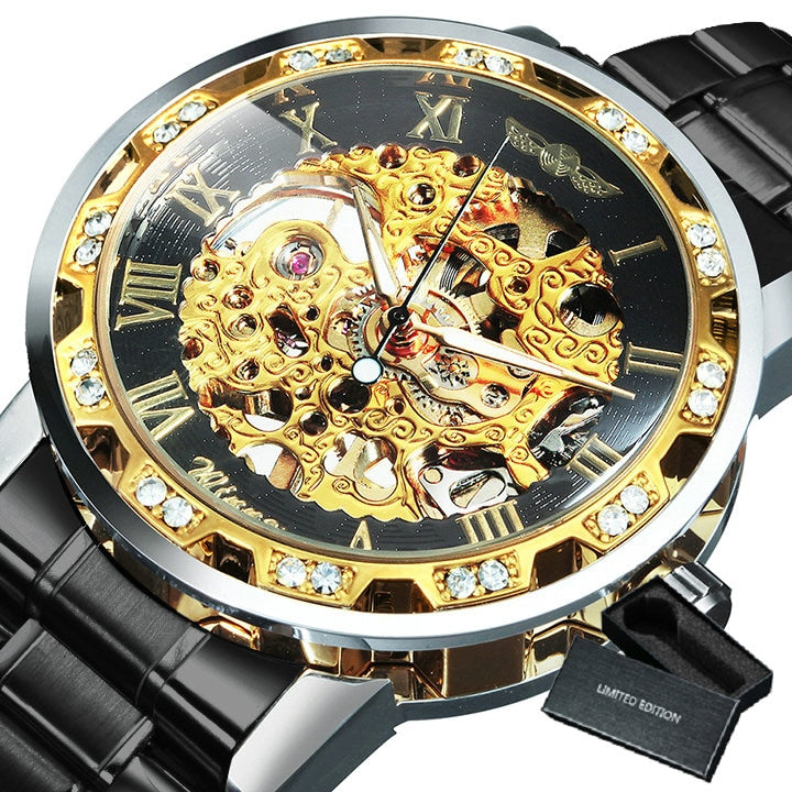 Winner Transparent Fashion Diamond Luminous Royal Design Mens Watches Top Brand Luxury Male Mechanical Skeleton Gold Wrist Watch