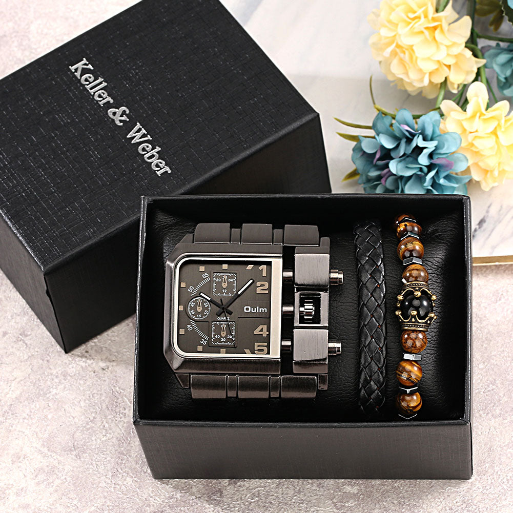 Top Brand Luxury Fashion Men Wristwatch Gold Stainless Steel Sport Square Digital Big Dial Quartz Watches Gift Set Reloj Hombre