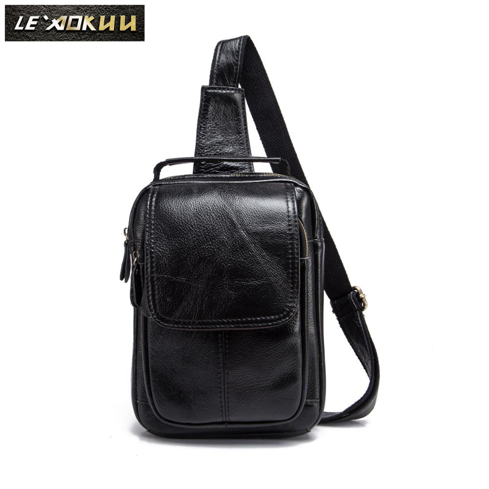 Men Leather Casual Fashion Triangle Chest Sling Bag 8" Tablet Black Travel Design Tote One Shoulder Cross body Bag Male 20154