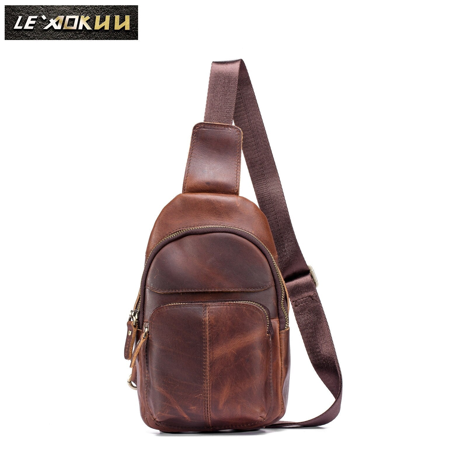 Men Quality Leather Casual Fashion Chest Sling Bag 8" Tablet Umbrella Brown Design One Shoulder Daypack Crossbody Bag Male 8002d