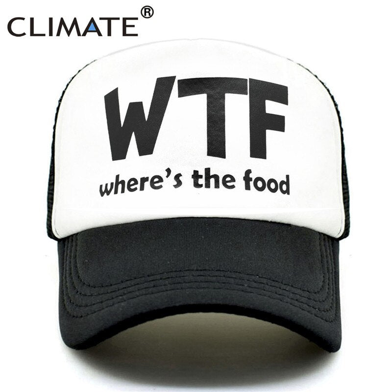 CLIMATE WTF Funny Trucker Caps Men Funny WTF Baseball Caps Foodie Snacks Cate Fans Cap Hip Hop Summer Mesh Caps for Men Women