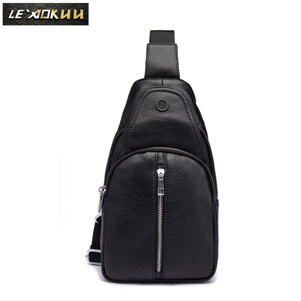 Men Original Leather Casual Fashion Chest Sling Bag 8" Tablet Umbrella Black Design One Shoulder Daypack Crossbody Bag Male 153