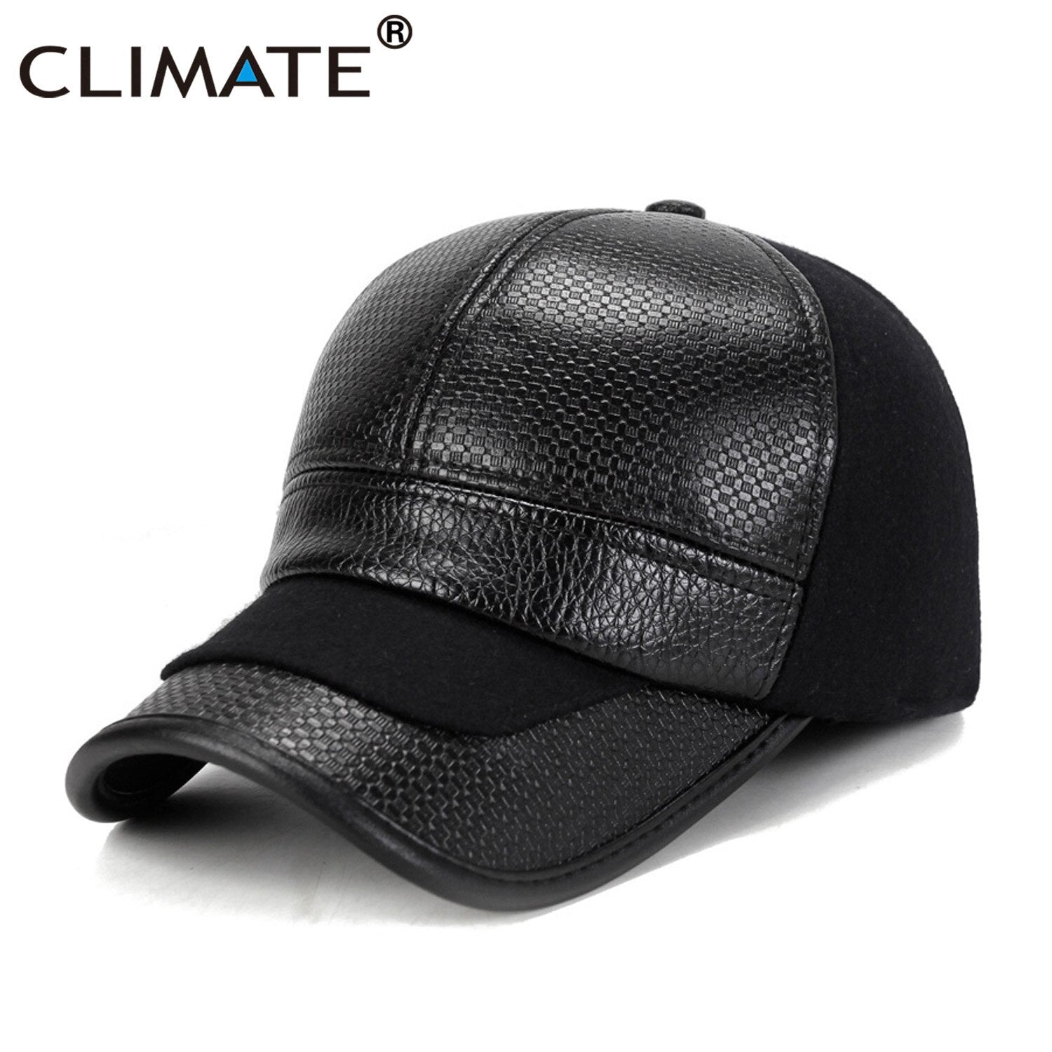 CLIMATE Man Warm Baseball Cap with Earmuff Men Winter PU Leather Hat Caps Black