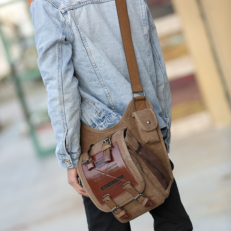 Men Crossbody Bags Male Canvas Shoulder Bags Boy Messenger Bags Handbags for Travel Vintage Style Casual Brown Bag