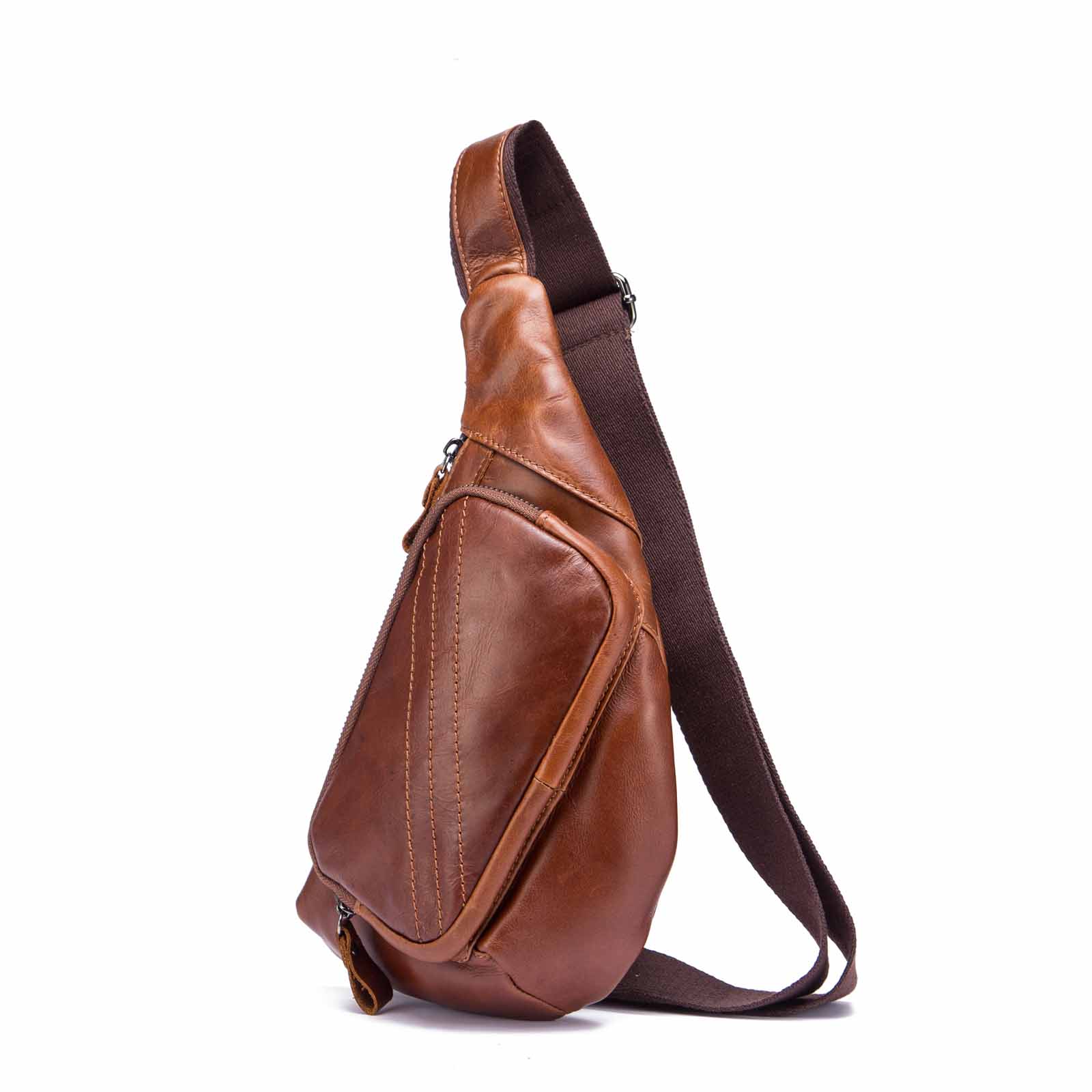 Trend Men Natural Leather Fashion Wine Travel Sling Chest Bag 8" Tablet Umbrella Design One Shoulder Cross-body Bag Male 8810