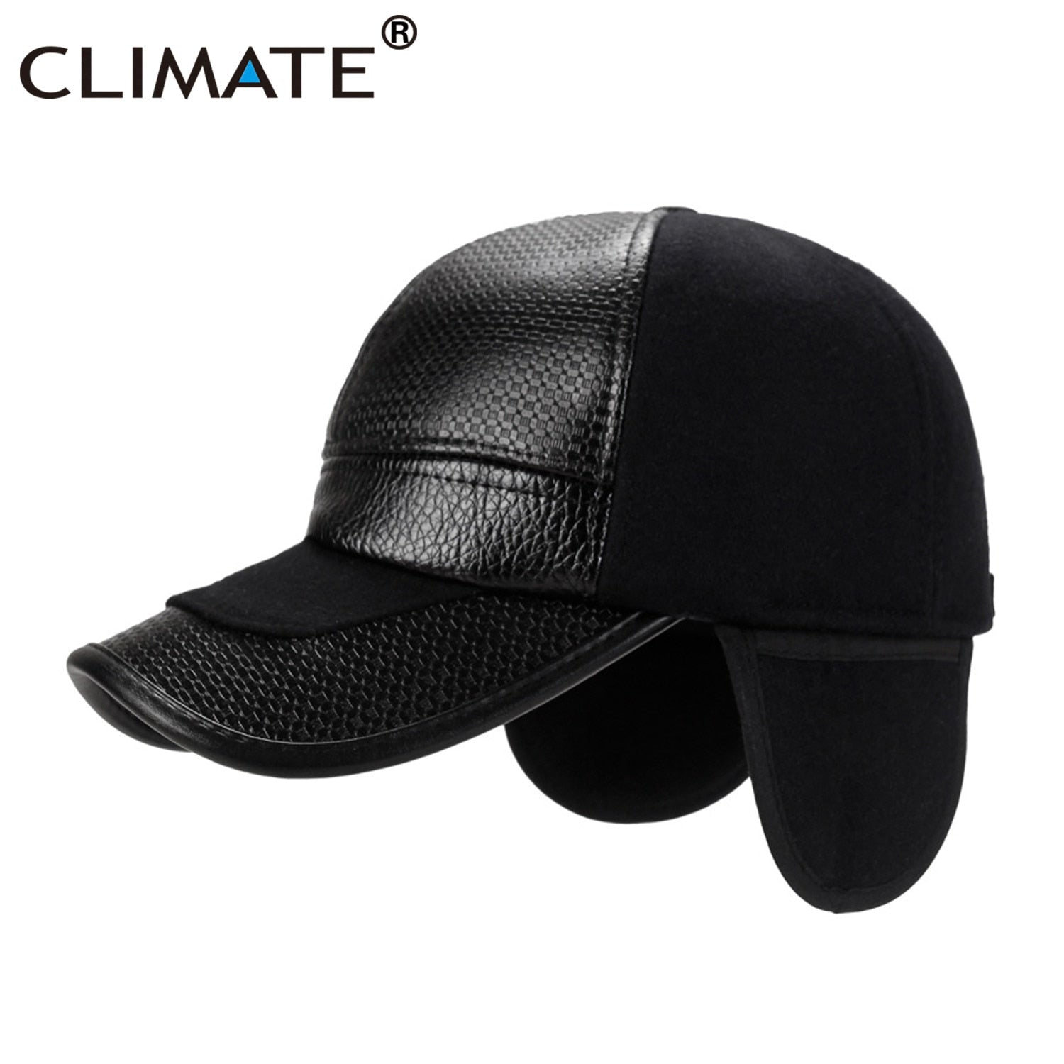 CLIMATE Man Warm Baseball Cap with Earmuff Men Winter PU Leather Hat Caps Black