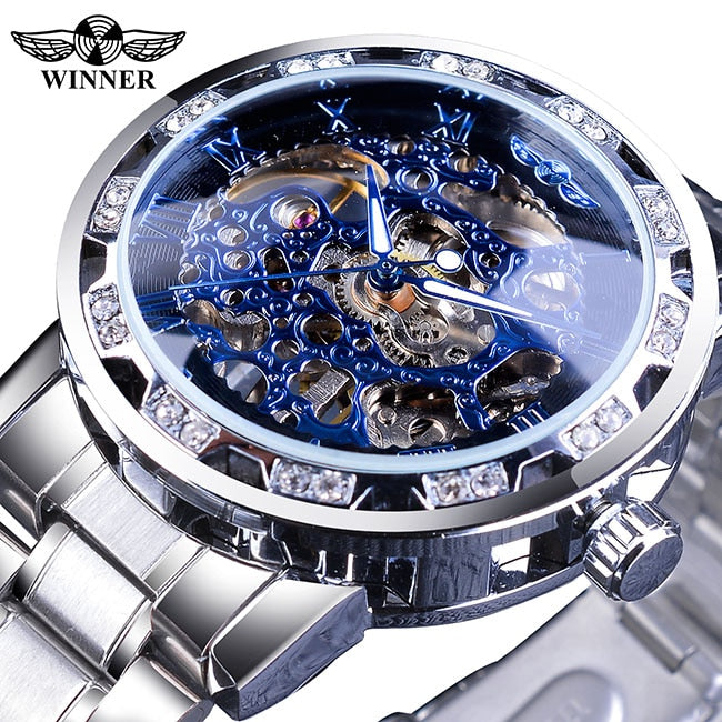 Winner Transparent Diamond Mechanical Watch Blue Stainless Steel Skeleton Watch