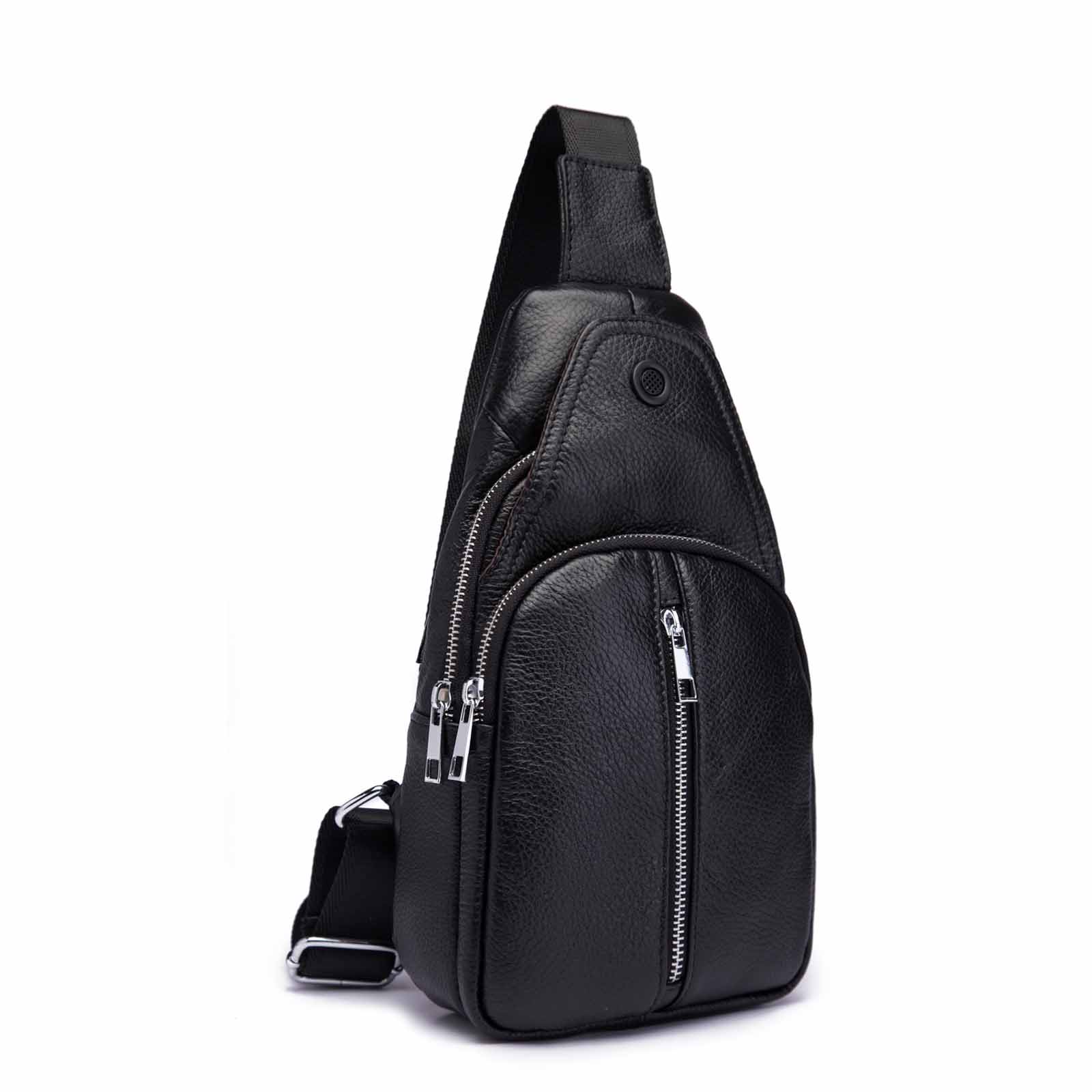 Men Original Leather Casual Fashion Chest Sling Bag 8" Tablet Umbrella Black Design One Shoulder Daypack Crossbody Bag Male 153