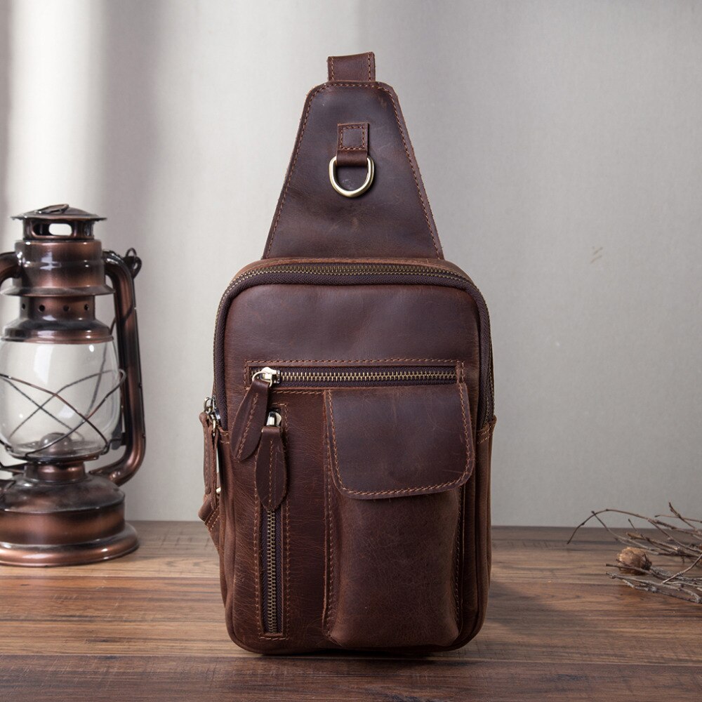 Men Quality Leather Fashion Casual Triangle Chest Sling Bag Brown 8" Tablet Tea