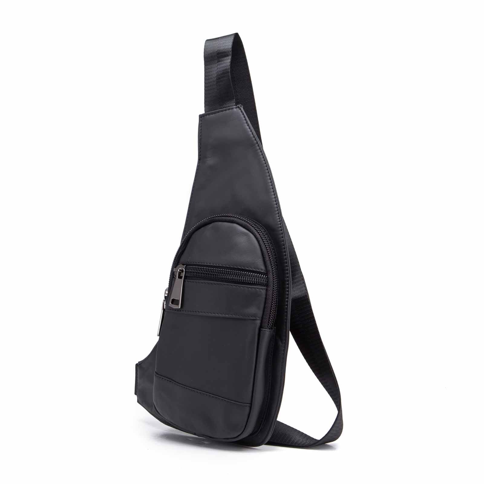 Men Leather Casual Fashion Triangle Chest Sling Bag 7" Tablet Black Travel Design One Shoulder Bag Cross body Bag Male 2020