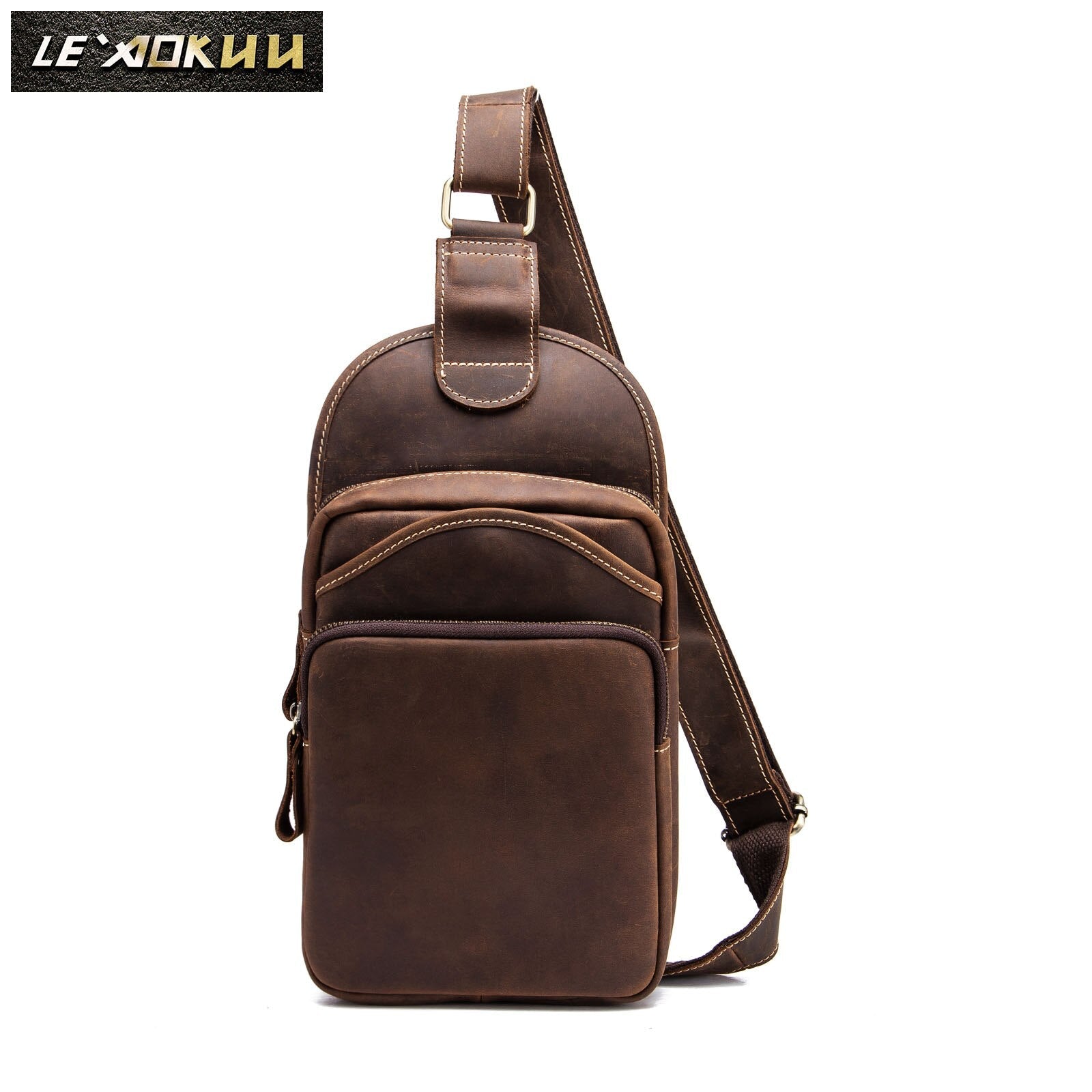 Le'aokuu Men Crazy Horse Leather Casual Vintage Chest Bag Sling Bag Design One Shoulder Bag Crossbody Bag For Male 9977D