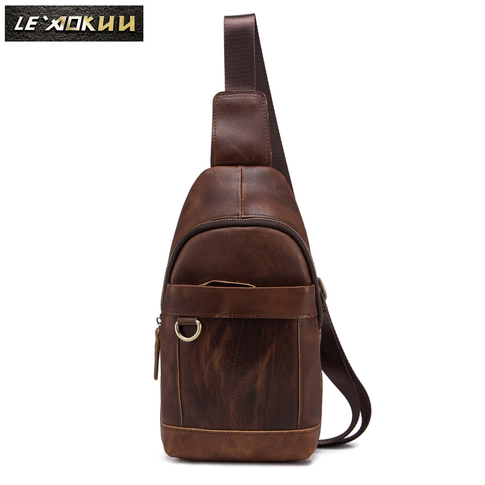 Le'aokuu Men Real Leather Casual Chest Bag Sling Bag Design One Shoulder Bag Crossbody Bag Daypack For Male 8016d