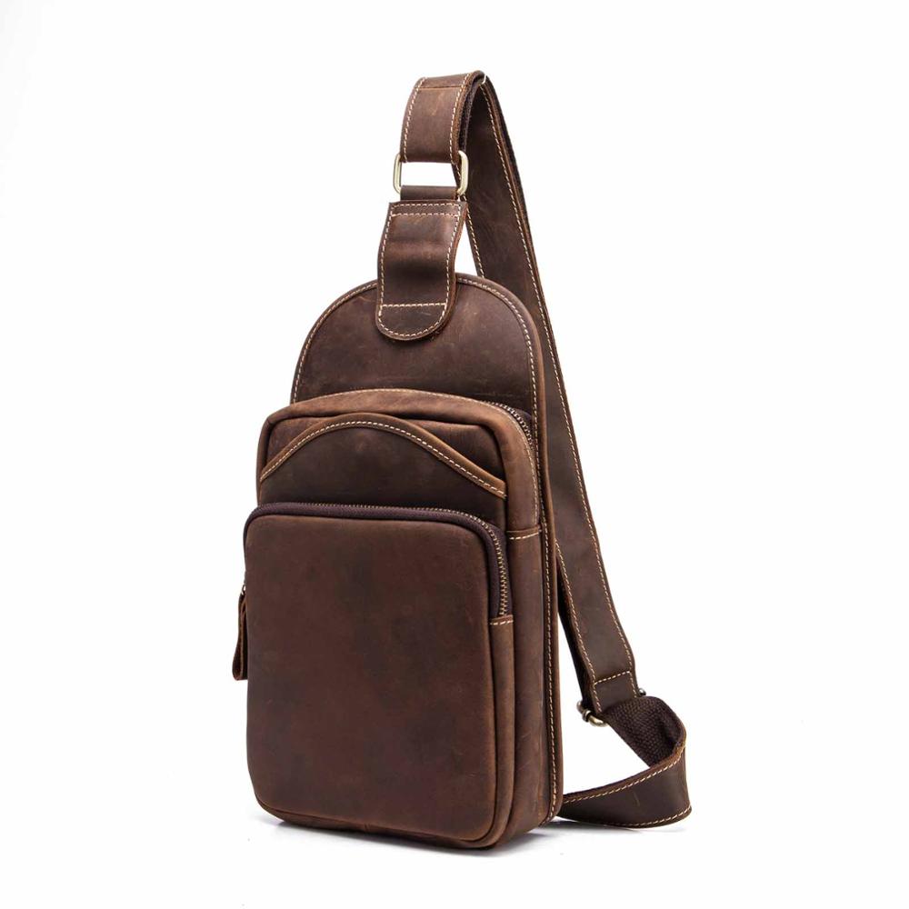 Le'aokuu Men Crazy Horse Leather Casual Vintage Chest Bag Sling Bag Design One Shoulder Bag Crossbody Bag For Male 9977D